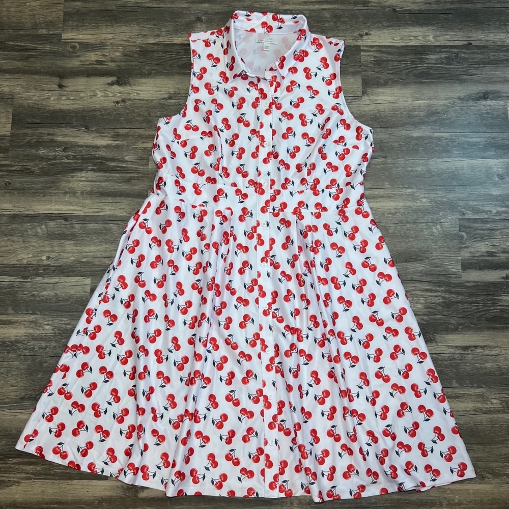 Cato Cherry Print Sleeveless Fit & Flare Shirt Dress – Plus Size 18/20W